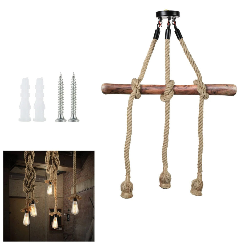 Plafonnier en corde style rustique lustre 3 ampoules en corde