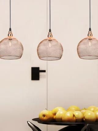 Plafonnier trio industriel à grilles métalliques cuivrées