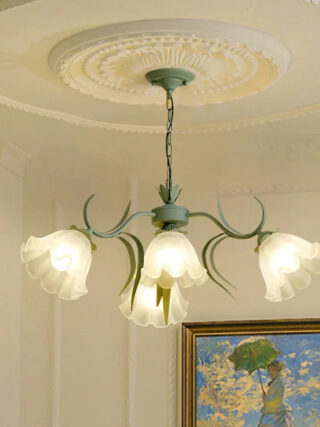 Plafonnier tulipe vert à quatre bras floraux