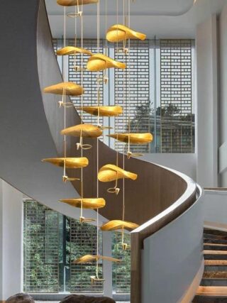 Plafonnier XXL feuilles dorées suspendues